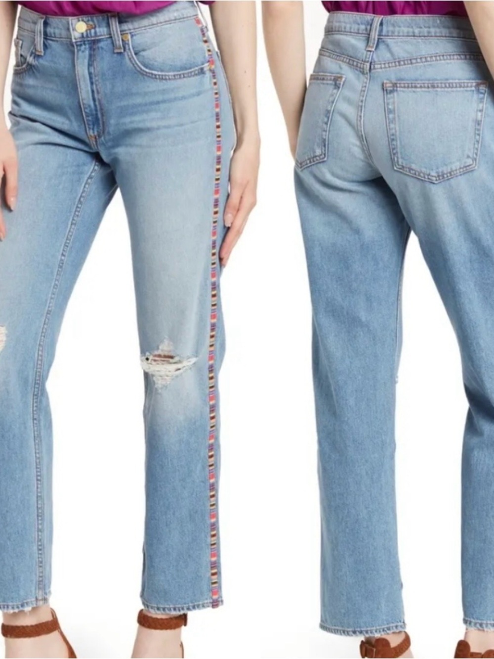 Ramy Brook Rosie Boyfriend Distressed Blue Jeans With Multicolor Trim Size 23